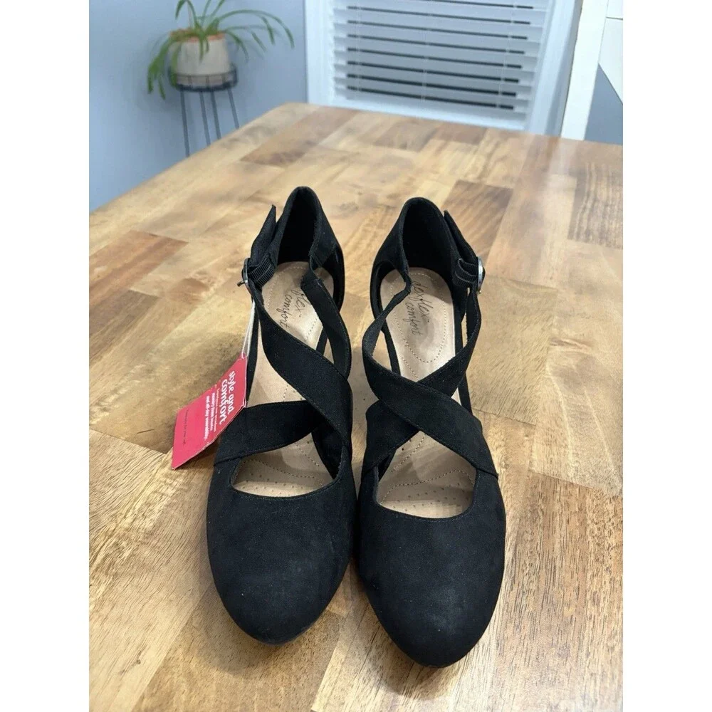 Dexflex Comfort Sz 11 Women's Macie Black Faux Suede Cross Strap Pump Heel, NIB